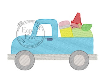 Back to School Truck Embroidery Design, School Supplies Sketch Design, Apple and Pencil Sketch Fill, School Truck, Sketch Fill School Design