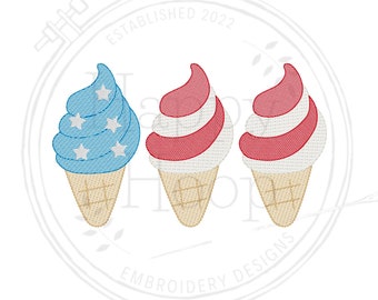Sketch Patriotic Ice Cream Cone Trio, Ice Cream Sketch Embroidery Design, Sketch Fill, Patriotic Ice Cream Design, Fourth of July Embroidery