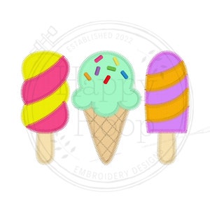 May include: Three embroidered ice cream treats: a yellow and pink swirl popsicle, a green ice cream cone with sprinkles, and a purple and orange swirl popsicle.