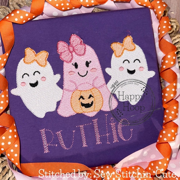 Girly Ghosts Sketch Fill Design, Trick or Treat Ghost Trio, Girl Ghost with Bows Design, Halloween Embroidery, Ghost with Pumpkin Embroidery