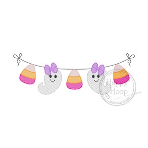 Ghost and Candy Corn Bunting, Girl Ghost with Bows Halloween Bunting Embroidery Design, Halloween Embroidery, Spooky Season, Trick or Treat