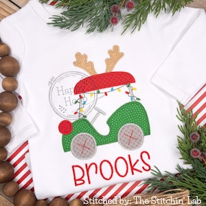 Christmas Golf Cart Applique Design, Reindeer Golf Cart Zig Zag Applique Design, Golf Cart with Christmas Lights Applique, shopHappyHoop