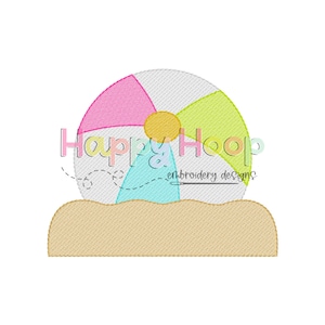 May include: A colorful beach ball with pink, yellow, green, and blue sections sits on a tan patch of sand. The text "Happy Hoop Embroidery Designs" is visible in the background.
