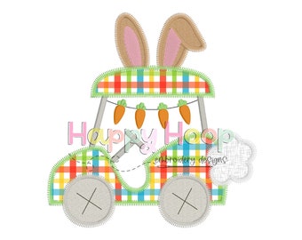 May include: A green and red plaid golf cart with bunny ears and carrots hanging from the top. The cart has a white cloud coming out of the back. The text "Happy Hoop Embroidery Designs" is on the side of the cart.