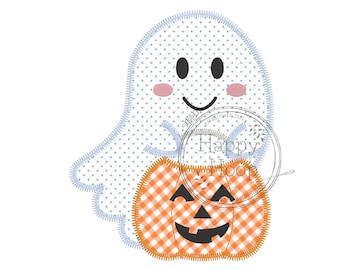 Trick or Treat Ghost with Jack o Lantern, Boy Ghost Applique Design, Halloween Embroidery, Ghost Applique, Ghost and Pumpkin Design, Zig Zag