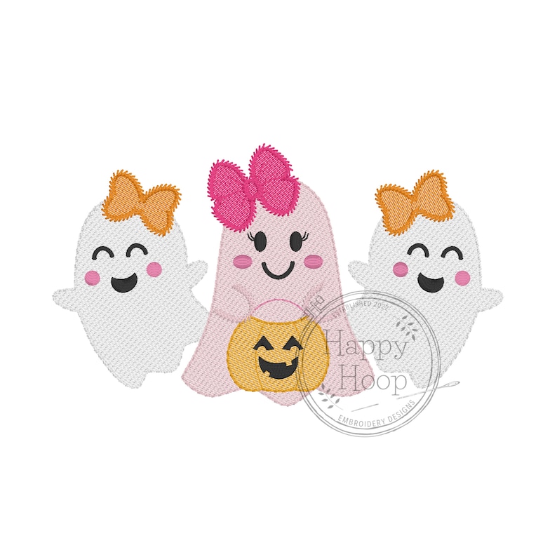 Girly Ghosts Sketch Fill Design, Trick or Treat Ghost Trio, Girl Ghost with Bows Design, Halloween Embroidery, Ghost with Pumpkin Embroidery image 2
