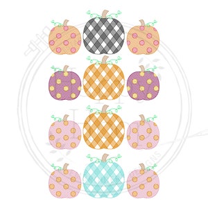 May include: Nine embroidered pumpkin designs in various colors and patterns, including polka dots, plaid, and gingham. The pumpkins are arranged in three rows of three.