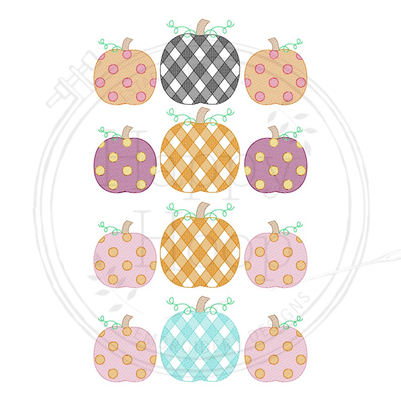 May include: Nine embroidered pumpkin designs in various colors and patterns, including polka dots, plaid, and gingham. The pumpkins are arranged in three rows of three.