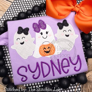 Girly Ghosts Zig Zag Applique, Trick or Treat Ghost Trio, Girl Ghost Applique Design, Halloween Embroidery, Ghost with Pumpkin Embroidery
