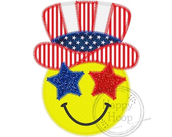 Patriotic Smiley Face with Stars Applique Design, Fourth of July Smiley Face Design, Independence Day Embroidery, American Smiley Face