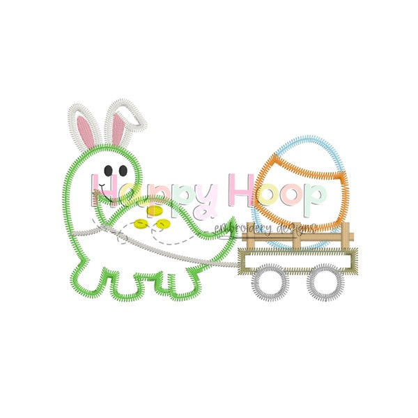 Dino Easter Egg Wagon ZZ Stitch Applique, Easter Dinosaur Applique Design, Easter Machine Embroidery Design, shopHappyHoop, Easter Design