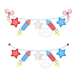 Stars and Firecrackers Patriotic Bunting Sketch Embroidery, Fourth of July Bunting, Independence Day, Patriotic Stars Bunting with Bows