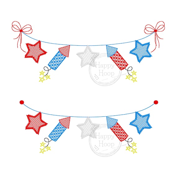 Stars and Firecrackers Patriotic Bunting Sketch Embroidery, Fourth of July Bunting, Independence Day, Patriotic Stars Bunting with Bows