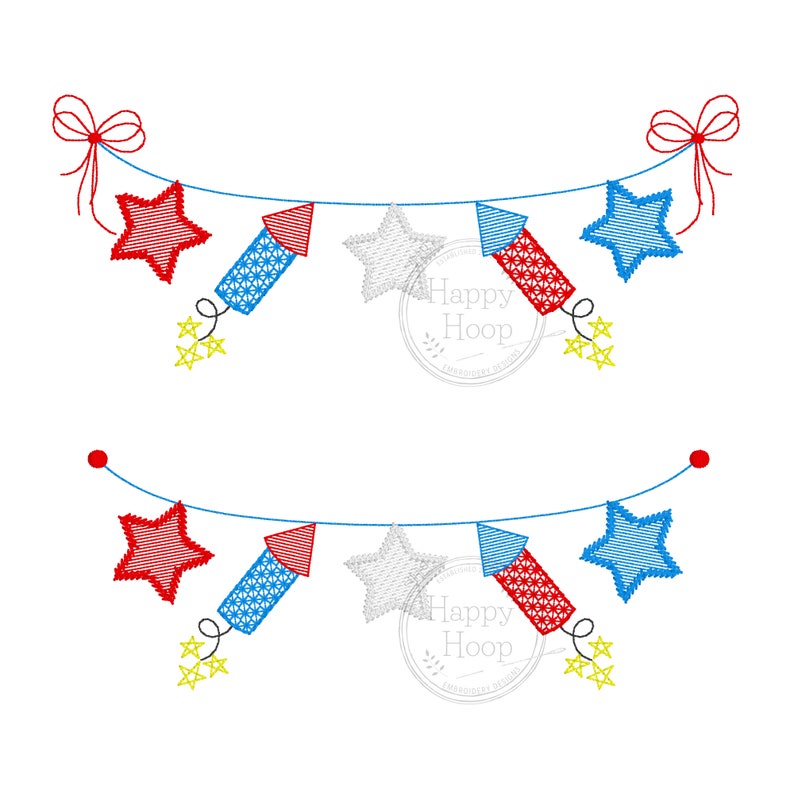 May include: A digital embroidery design featuring a red, white, and blue garland with stars and fireworks. The garland is perfect for celebrating Independence Day or other patriotic holidays.