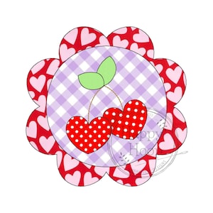 May include: A purple and white checkered circle with two red cherries in the shape of hearts. The cherries have white polka dots and green stems. The circle is surrounded by a pink flower with pink hearts.