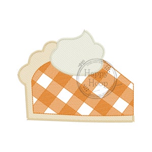May include: A slice of pumpkin pie with a checkered crust and whipped cream topping. The pie is a light orange color with a white checkered pattern. The whipped cream is white and fluffy.