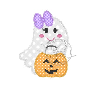 Trick or Treat Ghost with Jack o Lantern, Girl Ghost Applique Design, Halloween Embroidery, Ghost Applique Ghost and Pumpkin Design, Zig Zag