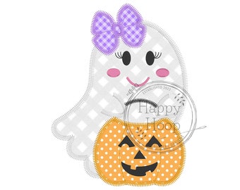 May include: A white ghost with a purple bow and a pink face holding a polka dot orange pumpkin with a jack-o-lantern face. The ghost is holding the pumpkin in front of it. The image has a watermark that says "Happy Hoop Embroidery Designs Established 2022".