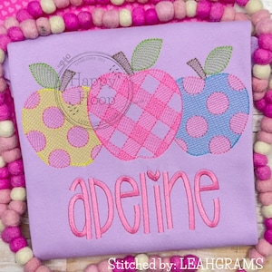 Gingham and Polka Dot Apple Trio, Apple Trio Embroidery Design, Back to School Embroidery, Gingham Sketch, Apple Trio Embroidery Design