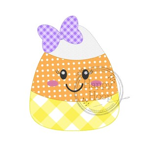 May include: A cartoon candy corn with a purple bow, orange and white polka dots, and a yellow and white checkered pattern. The candy corn has a smiling face with black eyes and eyelashes, and pink cheeks.