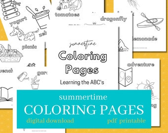 Kids Coloring Pages of Summertime Words in Alphabetical Order, Alphabet coloring pages, Summer coloring pages