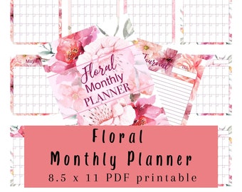 Monthly Planner, Floral Monthly Planner Printable Undated, Digital Download Monthly Planner, Floral Planner, 8.5x11 Monthly Planner