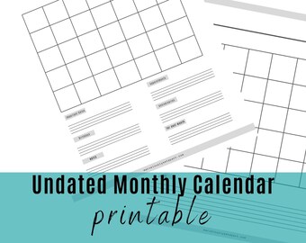 Monthly Calendar, Undated minimalist monthly calendar printable Month Organizer. large calendar, undated calendar, minimalist calendar