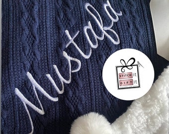 PERSONALISED BABY cable knit BLANKET -name embroidered pom pom/sherpa reverse italic Ramadan Eid gift