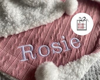 PERSONALISED BABY cable knit BLANKET -name embroidered pom pom/sherpa reverse