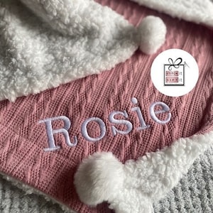 PERSONALISED BABY cable knit BLANKET -name embroidered pom pom/sherpa reverse