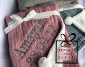 PERSONALISED BABY cable knit BLANKET -name embroidered pom pom sherpa reverse