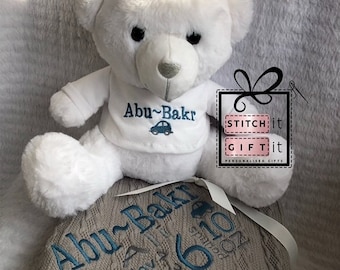 PERSONALISED BABY gift set grey cable knitted pink blue car flower nursery BLANKET and white teddy -name embroidered pom pom/sherpa reverse