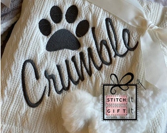 PERSONALISED name puppy dog cat kitten PET - knitted snuggle bed basket BLANKET sherpa reverse pom pom