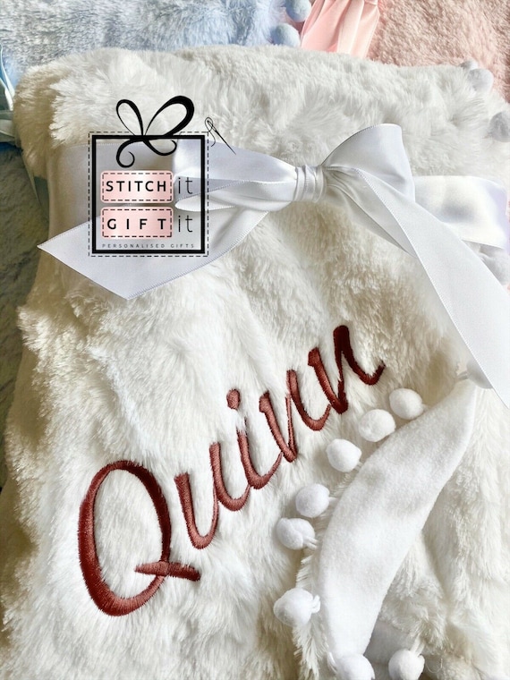 PERSONALISED BABY Soft Fluffy Pink Blue White Pom Pom BLANKET name Embroidered Fleece Gift Etsy Canada