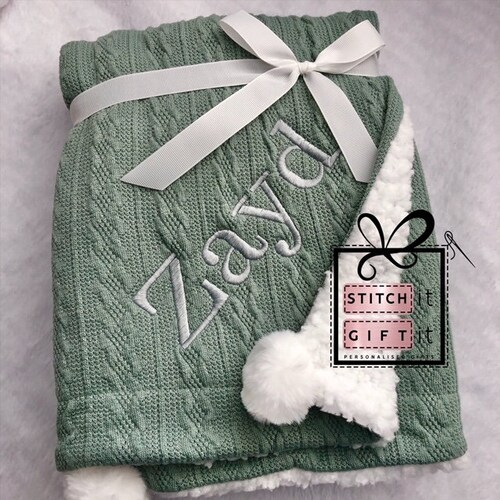 PERSONALISED BABY Cable Knit BLANKET name Embroidered Pom Etsy UK