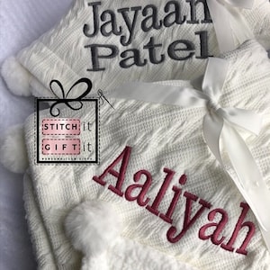 PERSONALISED BABY cable knit BLANKET name embroidered pom pom/sherpa reverse White