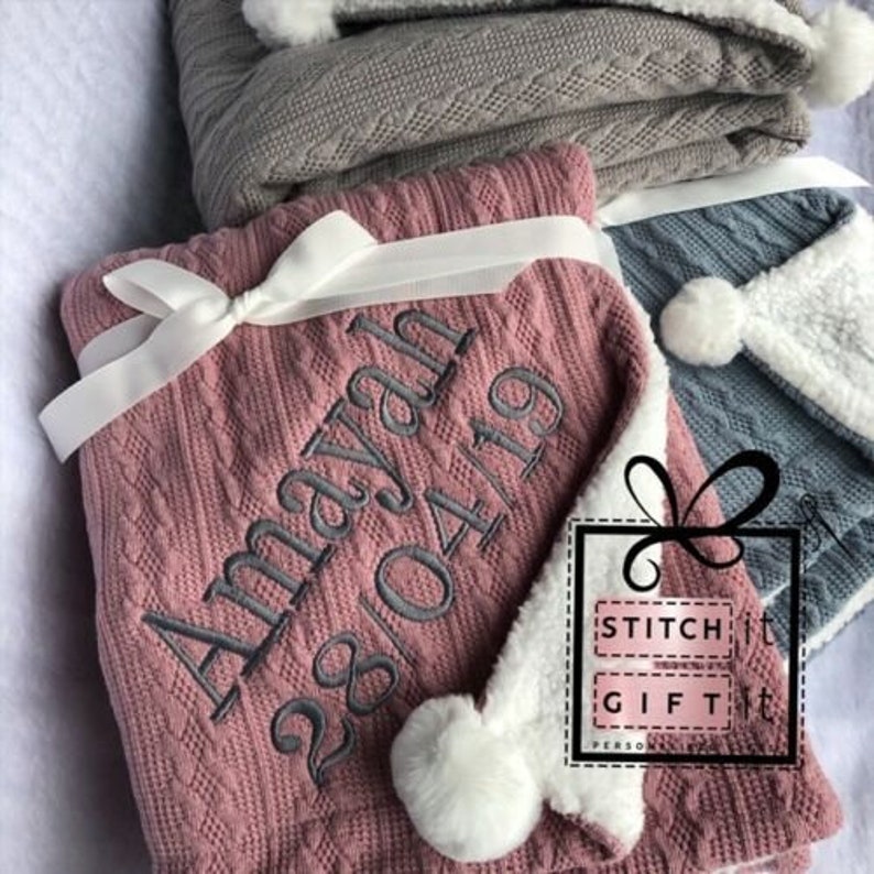 PERSONALISED BABY cable knit BLANKET name embroidered pom pom/sherpa reverse Rose Pink