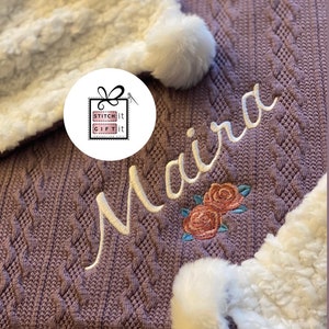 PERSONALISED BABY cable knit BLANKET wrap -floral roses ,name embroidered pom pom/sherpa reverse