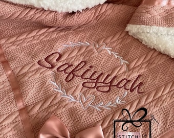 PERSONALISED BABY cable knit BLANKET -wreath name embroidered bow snuggle personalised newborn girls wrap