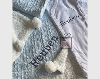 PERSONALISED BABY Grow and cable knit BLANKET sleep suit gift set -name embroidered babygrow pom pom/sherpa