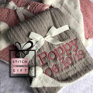 PERSONALISED BABY cable knit BLANKET name embroidered pom pom/sherpa reverse image 7