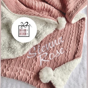 PERSONALISED BABY cable knit BLANKET -name embroidered pom pom/sherpa reverse italic