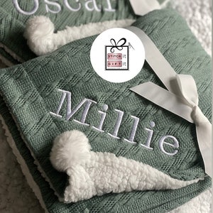 PERSONALISED BABY cable knit BLANKET -name embroidered pom pom/sherpa reverse