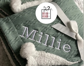 PERSONALISED BABY cable knit BLANKET -name embroidered pom pom/sherpa reverse