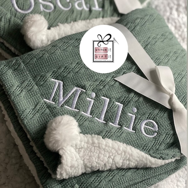 PERSONALISED BABY cable knit BLANKET -name embroidered pom pom/sherpa reverse