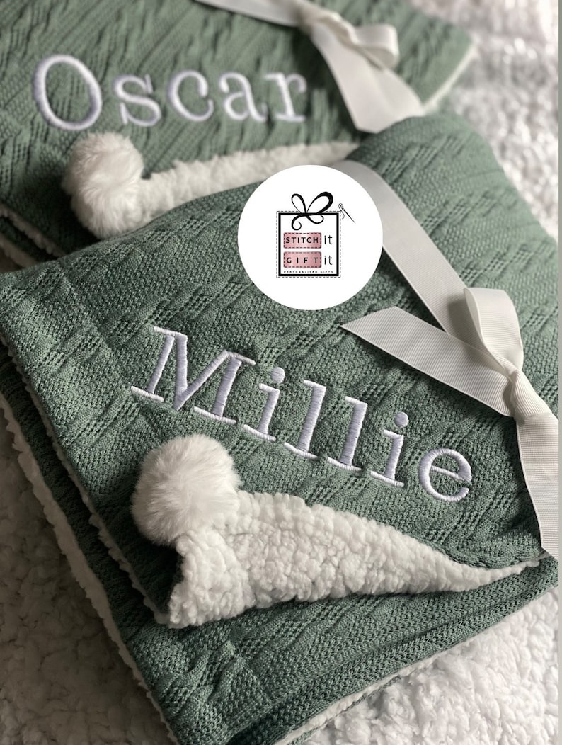 PERSONALISED BABY cable knit BLANKET name embroidered pom pom/sherpa reverse Sage Green