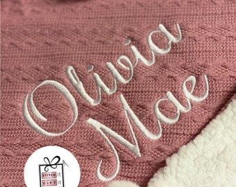 PERSONALISED BABY cable knit BLANKET -Italic name embroidered pom pom/sherpa reverse