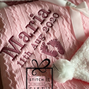 PERSONALISED BABY cable knit BLANKET -name embroidered footprints pom pom/sherpa