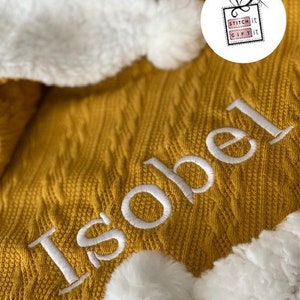 PERSONALISED BABY cable knit BLANKET name embroidered pom pom/sherpa reverse Mustard Yellow