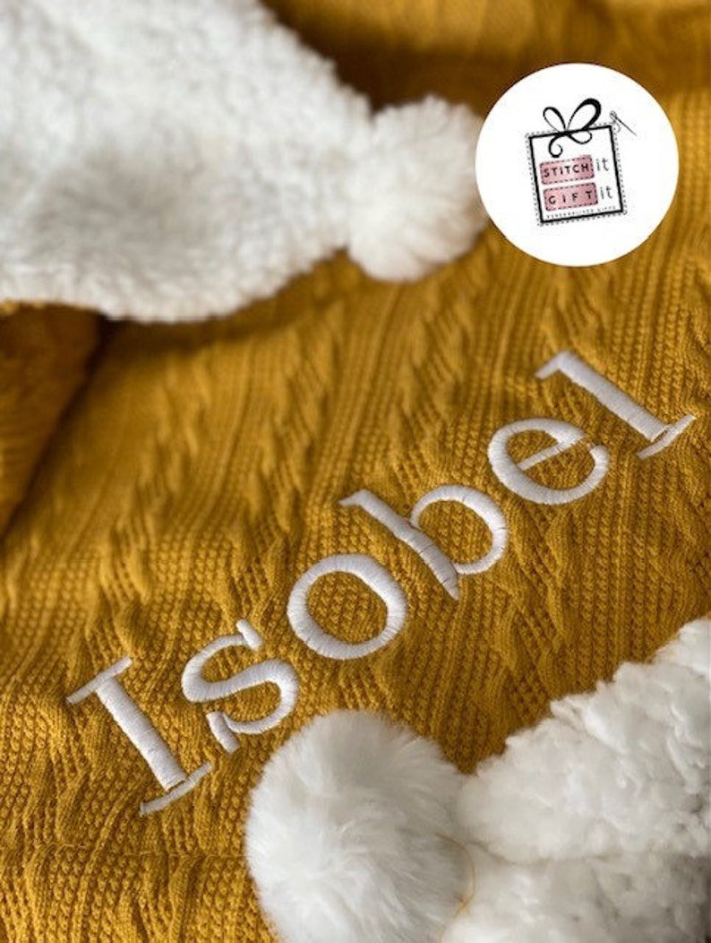 PERSONALISED BABY cable knit BLANKET name embroidered pom pom/sherpa reverse Mustard Yellow